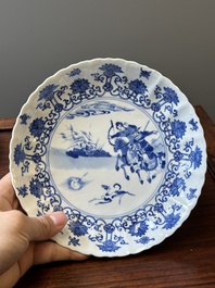 A pair of Chinese blue and white 'Mongolian hunting scene' plates and a pair of plates with floral design, Chenghua and Kangxi mark, Kangxi