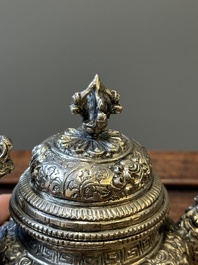 A fine Tibetan silver plated 'bajixiang' teapot, 19th C.