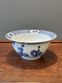 A Chinese blue and white 'klapmuts' bowl with a killing scene, Chenghua mark, Kangxi