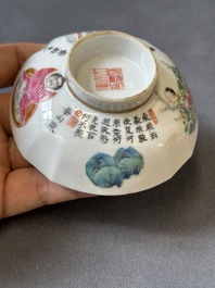A Chinese famille rose 'Wu Shuang Pu' bowl with cover, a saucer and four covers, Daoguang/Xianfeng