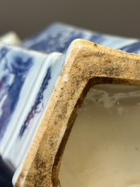 A Chinese blue and white double lozenge-shaped vase with a mountainous river landscape, 19th C.