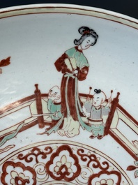 A Chinese wucai dish with figural and floral design, Jiajing mark, Transitional period