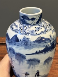 A Chinese blue and white garniture of five vases with landscape design, 19th C.