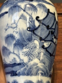 A Chinese blue and white garniture of five vases with landscape design, 19th C.