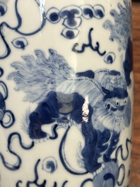 A pair of Chinese blue and white 'Buddhist lion' vases, Kangxi mark, 19th C.