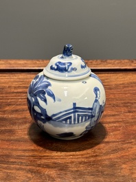 A Chinese blue and white 'Long Eliza' tea caddy and cover, conical shell mark, Kangxi
