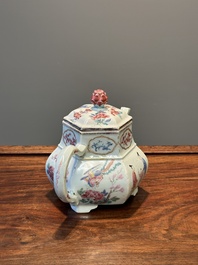 An exceptional large hexagonal Chinese famille rose teapot and cover, Yongzheng