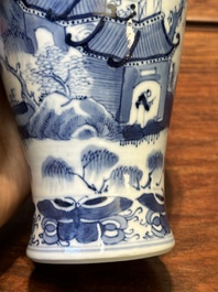 A Chinese blue and white garniture of five vases with landscape design, 19th C.