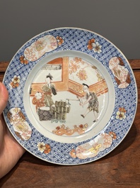 A pair of Chinese Imari-style plates with a merchant, lady and boy, Yongzheng