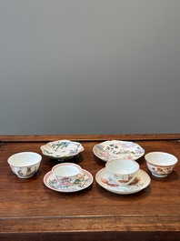 Four Chinese famille rose and iron-red cups and saucers, Yongzheng/Qianlong