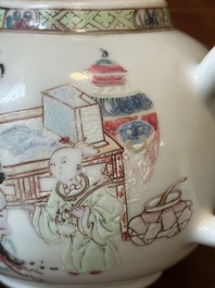 A fine Chinese famille rose teapot with a cat, lady and child, Yongzheng