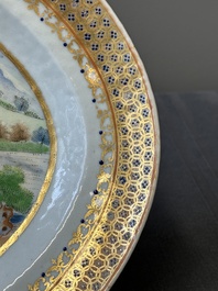 An oval Chinese monogrammed Canton famille rose dish with landscape design, 19th C.