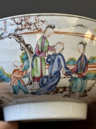 A Dutch-decorated Chinese bowl and a Canton famille rose 'mandarin subject' bowl, Qianlong