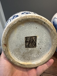 A pair of Chinese blue and white Nanking crackle-glazed 'Taoist' vases, 19th C.