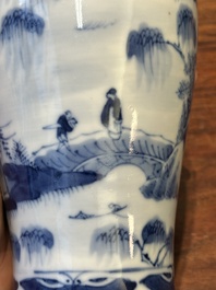 A Chinese blue and white garniture of five vases with landscape design, 19th C.