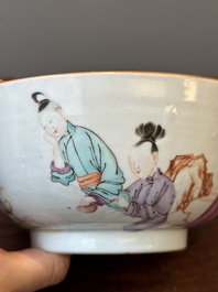 A pair of Chinese famille rose bowls and four plates, Yongzheng/Qianlong