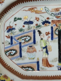 A pair of octagonal Chinese blue and white 'Xi Xiang Ji' dishes and a pair of famille rose dishes, Yongzheng