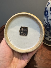 Two pairs of Chinese blue and white Nanking crackle-glazed 'dragon' vases and a dish, Chenghua mark, 19th C.