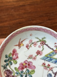 Four Chinese famille rose and iron-red cups and saucers, Yongzheng/Qianlong