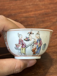 Four Chinese famille rose and iron-red cups and saucers, Yongzheng/Qianlong