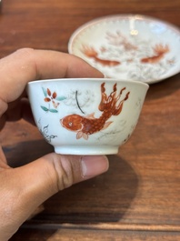 Four Chinese famille rose and iron-red cups and saucers, Yongzheng/Qianlong