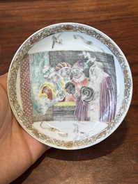 A rare Chinese rose-grisaille cup and saucer after 'Actors of the Com&eacute;die-Francaise' by Watteau, Yongzheng/Qianlong