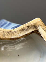 A Chinese blue and white double lozenge-shaped vase with a mountainous river landscape, 19th C.