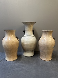 Three Chinese blue and white Nanking crackle-glazed vases, Chenghua mark, 19th C.