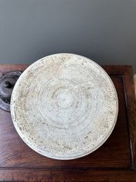 A Chinese blue and white 'lotus scroll' jar with wooden cover and stand, Kangxi