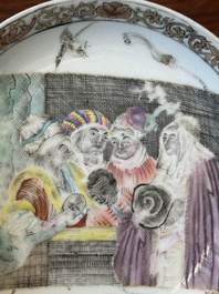 A rare Chinese rose-grisaille cup and saucer after 'Actors of the Com&eacute;die-Francaise' by Watteau, Yongzheng/Qianlong