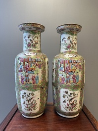 A pair of Chinese Canton famille rose rouleau vases, 19th C.