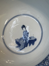 A Chinese blue and white 'klapmuts' bowl with a killing scene, Chenghua mark, Kangxi