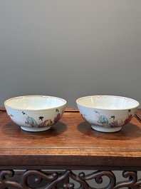 A pair of Chinese famille rose bowls and four plates, Yongzheng/Qianlong