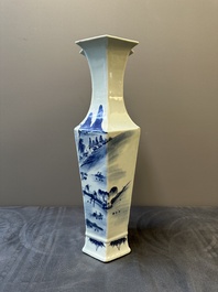 A Chinese blue and white double lozenge-shaped vase with a mountainous river landscape, 19th C.