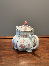 An exceptional large hexagonal Chinese famille rose teapot and cover, Yongzheng