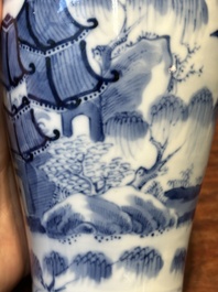 A Chinese blue and white garniture of five vases with landscape design, 19th C.