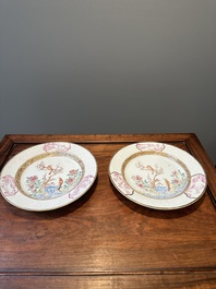 A pair of Chinese famille rose 'magpie and peony' plates with bianco-sopra-bianco rims, Yongzheng