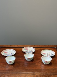 Trois tasses et soucoupes en porcelaine de Chine famille rose &agrave; d&eacute;cor de faisans, Yongzheng