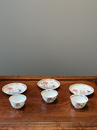 Three Chinese famille rose 'pheasant' cups and saucers, Yongzheng