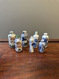 Seven Chinese blue, white and copper-red snuff bottles, Yongle and Yongzheng mark, 19th C.