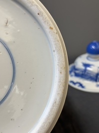 A pair of Chinese blue and white covered vases with figural design, 19th C.