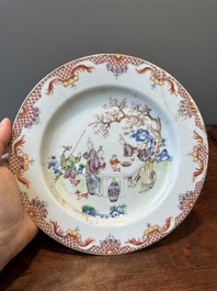 A pair of Chinese famille rose bowls and four plates, Yongzheng/Qianlong