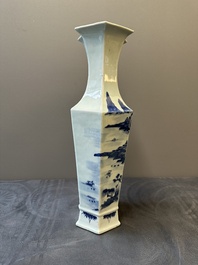 A Chinese blue and white double lozenge-shaped vase with a mountainous river landscape, 19th C.
