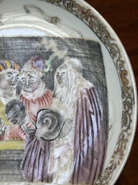 A rare Chinese rose-grisaille cup and saucer after 'Actors of the Com&eacute;die-Francaise' by Watteau, Yongzheng/Qianlong