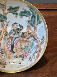 A Chinese famille rose 'Don Quixote' cup and saucer, 18/19th C.