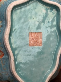 A pair of Chinese turquoise-ground famille rose leaf-shaped bowls with butterfly design, Jiaqing mark and of the period