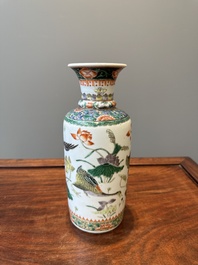 A Chinese famille verte 'mandarin duck and lotus' rouleau vase , 19th C.