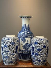 A pair of Chinese blue and white jars and a vase, Kangxi mark, 19th C.