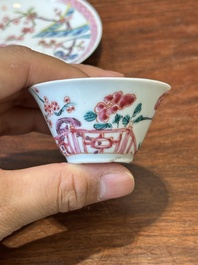 Four Chinese famille rose and iron-red cups and saucers, Yongzheng/Qianlong