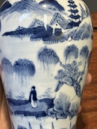 A Chinese blue and white garniture of five vases with landscape design, 19th C.